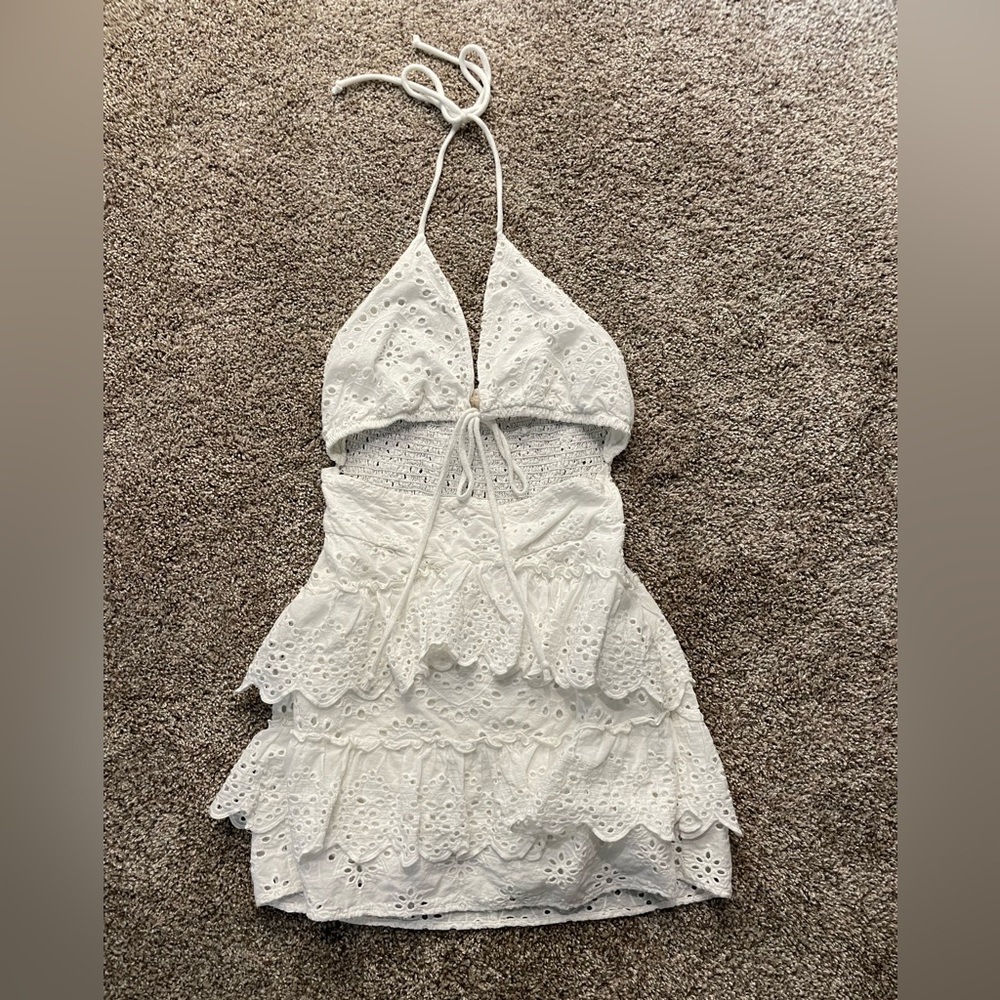 WHITE EYELET MINI DRESS WITH CUTOUT SIZE M